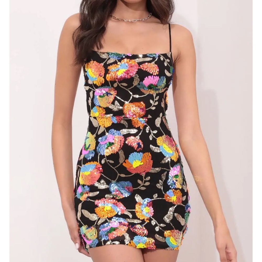 Starstruck Strappy Multicolor Sequin Dress in Black XS